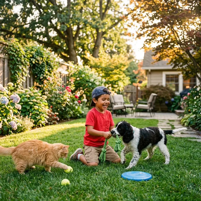 Playful Child with Cat and Dog in Backyard Playful Child with Cat and Dog in Backyard