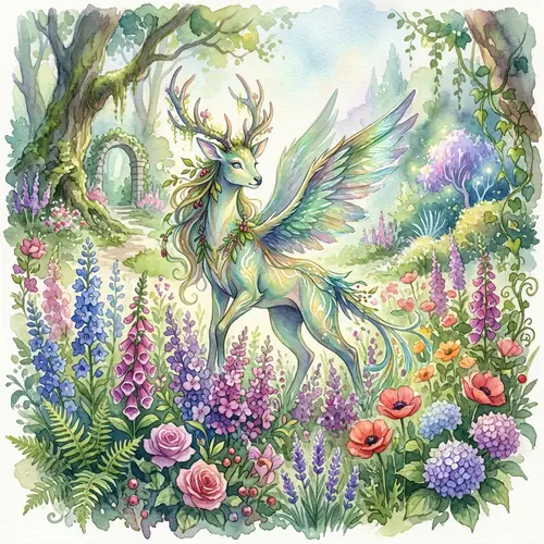 Mystical Creature Emerging from Vibrant Floral Garden