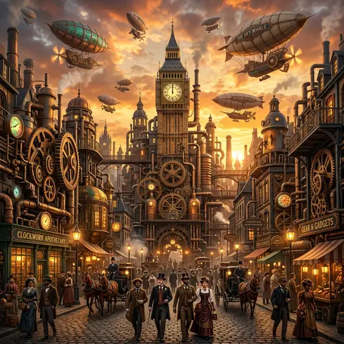 Steampunk Cityscape: Brass & Copper Buildings, Airships, Victorian-Era Citizens