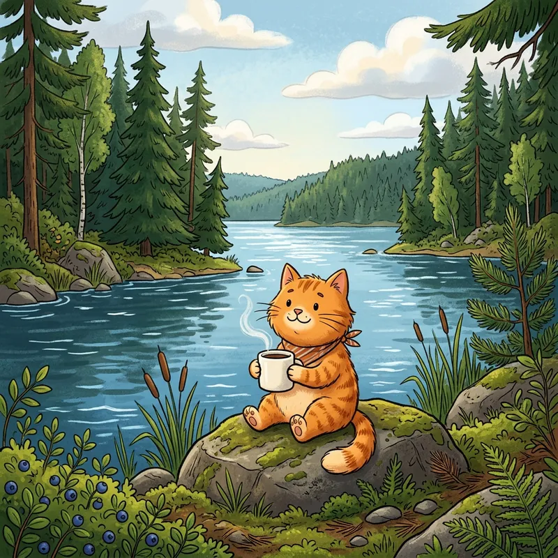 Cartoon Cat in Serene Karelian Nature - Pine Trees, Lake View