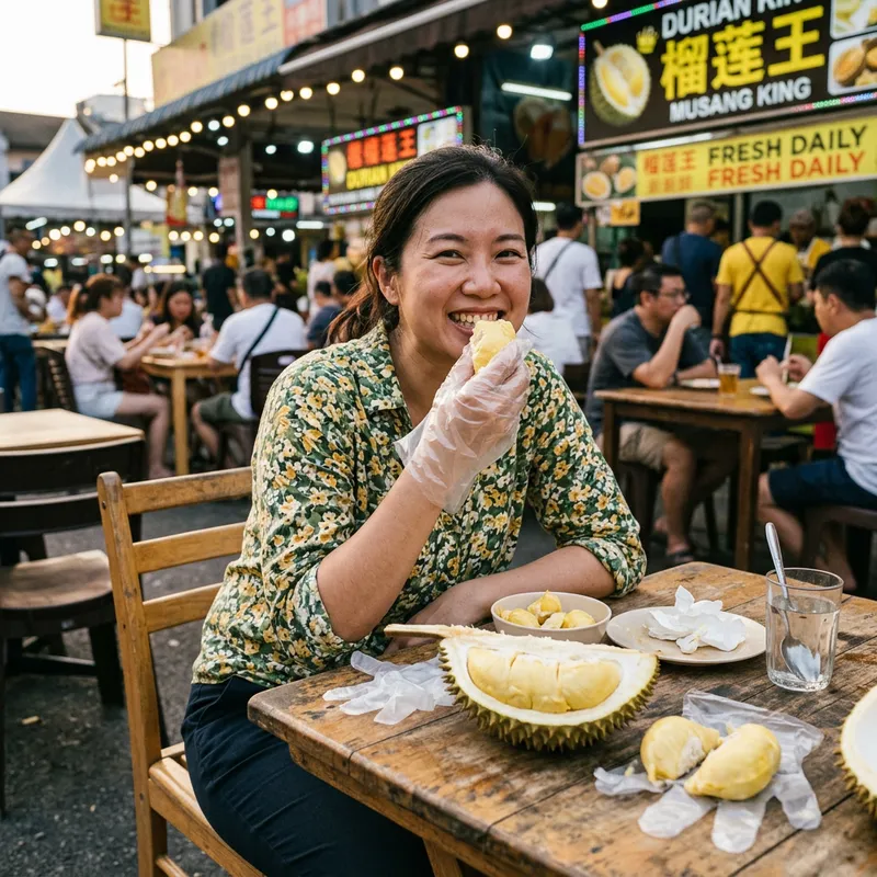Lady Enjoying Durian at the Table Lady Enjoying Durian at the Table