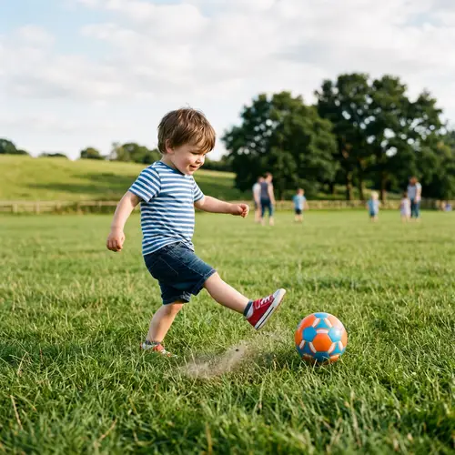 Toddler Kicking Ball in the Field