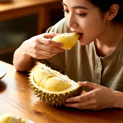 Lady Enjoying Durian at the Table