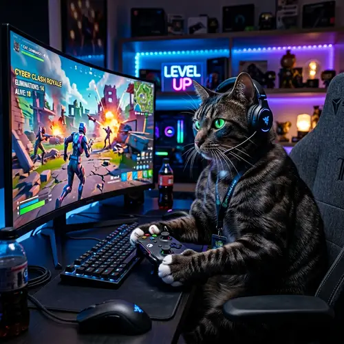 Muscular Cat Conquering Virtual Battle Royale Game - Gamer Kitty Fun