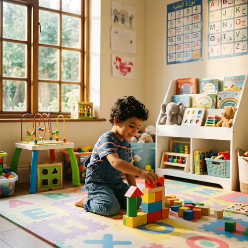 Middle-Eastern Child Playing in Colorful Playroom | Website Name