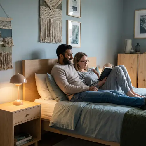 Cozy Scandinavian Bedroom Decor with South Asian Man and Caucasian Woman