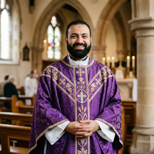 Smiling Priest in Purple Robe with Short Hair
