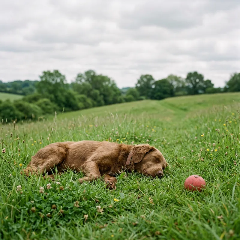 Brown Canine Resting on Green Meadow