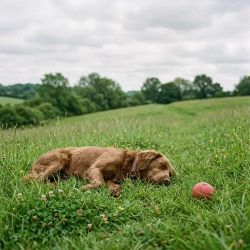 Peaceful Brown Canine Resting on Green Meadow