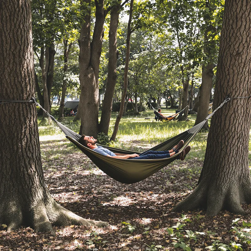 Relaxing Man in Hammock Between Two Trees