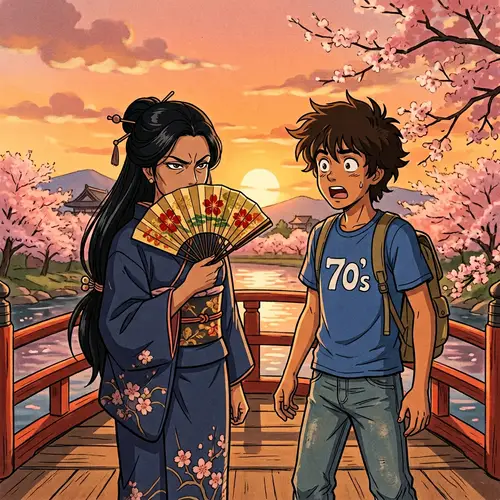 1970s Style Anime Scene: South Asian Female & Hispanic Male on Japanese Footbridge