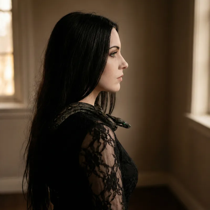 Ethereal Caucasian Woman in Black Lace Dress with Red Eyes