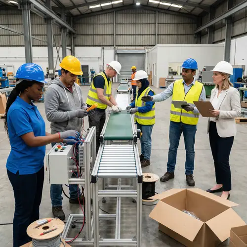 Diverse Crew Installing Mini Production Line in Factory