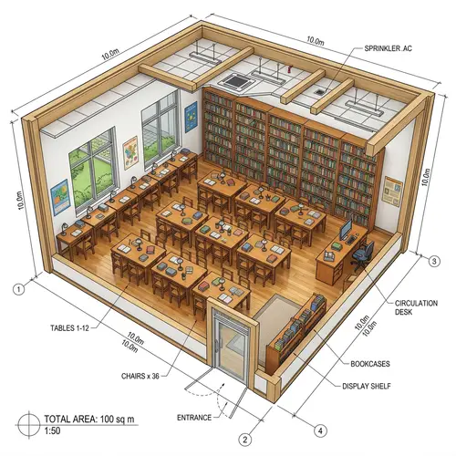 3D Small Square-Shaped School Library Design