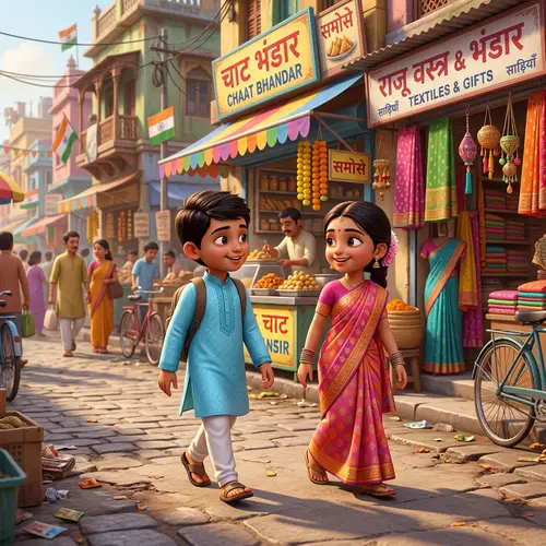 Young Indian Couple in Traditional Attire Cartoon