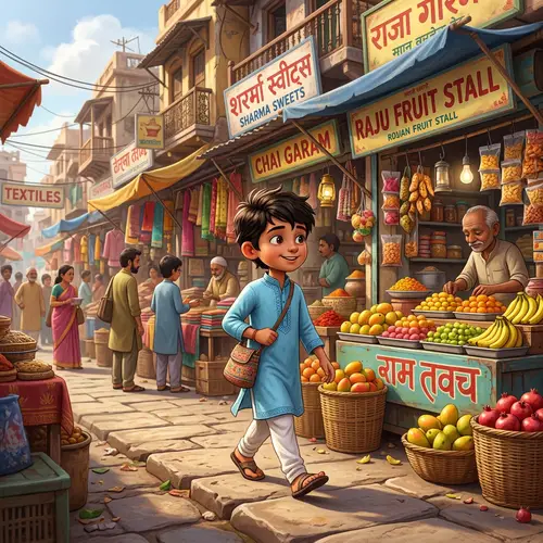 Young Boy in Kurta at Indian Street Stalls - 3D Style