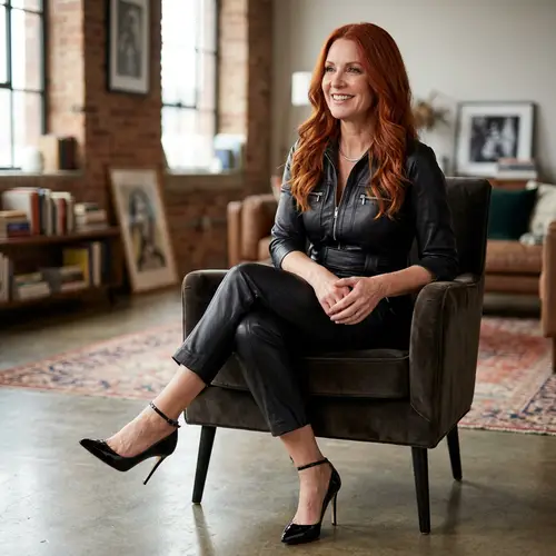 Chic Middle-Aged Woman in Leather Jumpsuit