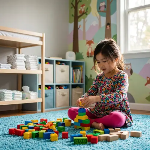 6-Year-Old Asian Girl Playing with Building Blocks
