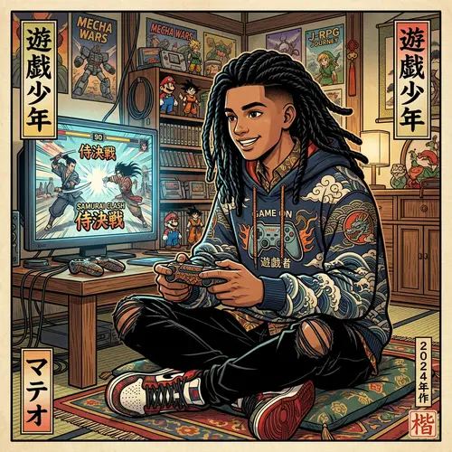 Tall Latino Boy with Long Twists Hair Playing Video Games in Anime Art Style
