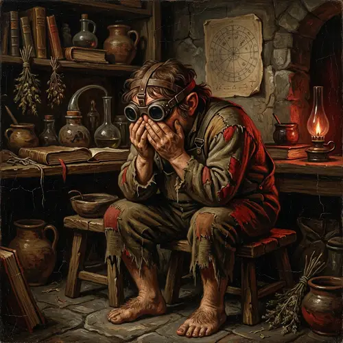 Vivid Hobbit Sorcerer in Despair - Medieval Style Painting