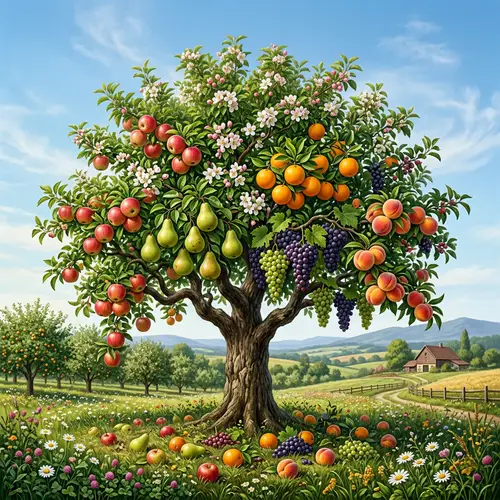Unique Multi-Fruit Tree in Full Bloom