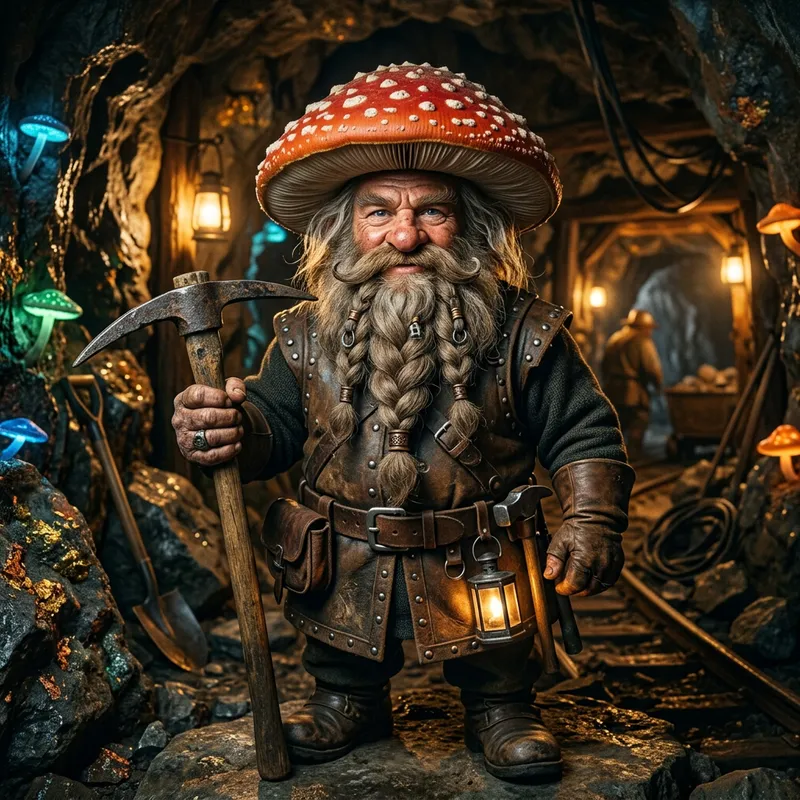 Dwarf with Mushroom Hat and Pickaxe