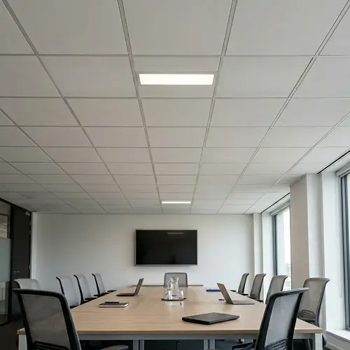 Office Meeting Room Ceiling with Matte White Tiles and Lamps