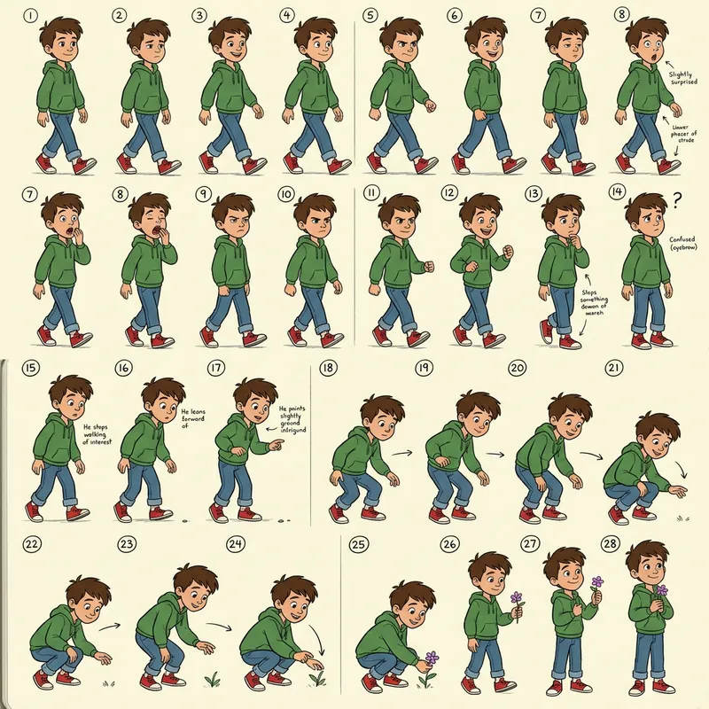 2D Boy Character Walking and Picking Up Flower | Emotions Sequence