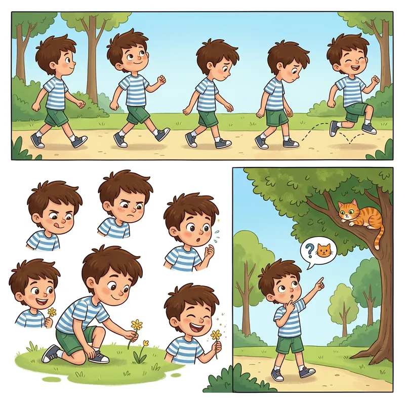 Young 2D Boy Expressions in Multi-step Walking & Flower Picking