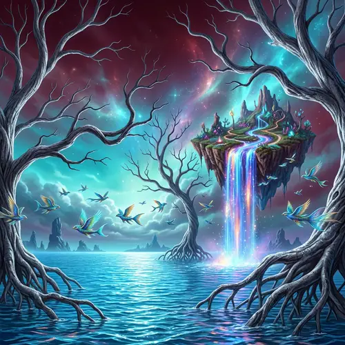 Surreal Landscape: Glowing Sky, Silver Trees, and Waterfall
