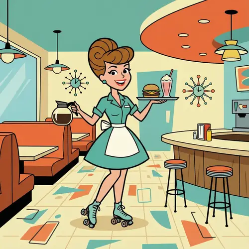 1950s Diner Waitress in Midcentury Cartoon Style
