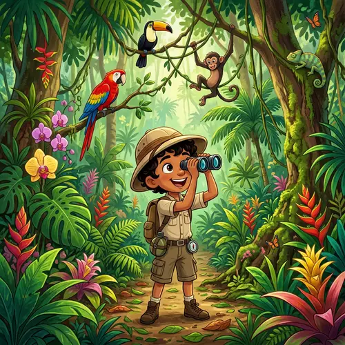 Young Explorer in Vibrant Jungle - Adventure Wildlife Scene