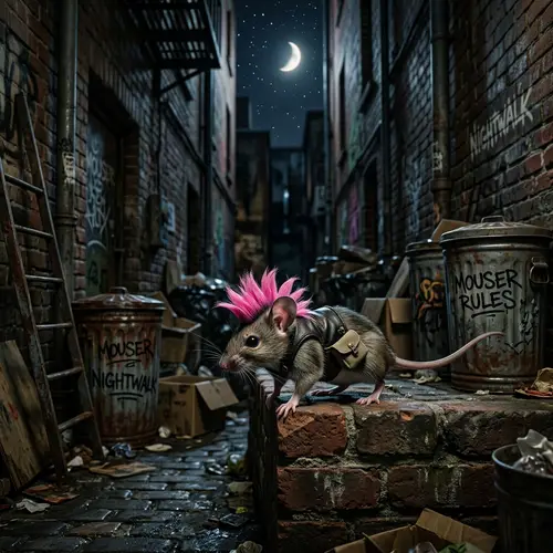 Daring Pink Mohawk Mouse in Dark Alley - Mystery & Intrigue