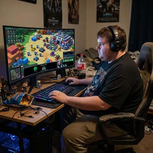 Overweight Person Engrossed in Minecraft-Starcraft Game on PC