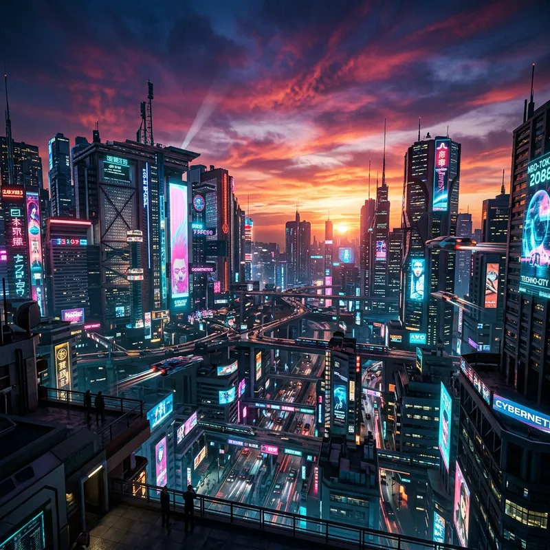 Vibrant Neon Cyberpunk Cityscape at Dusk Vibrant Neon Cyberpunk Cityscape at Dusk