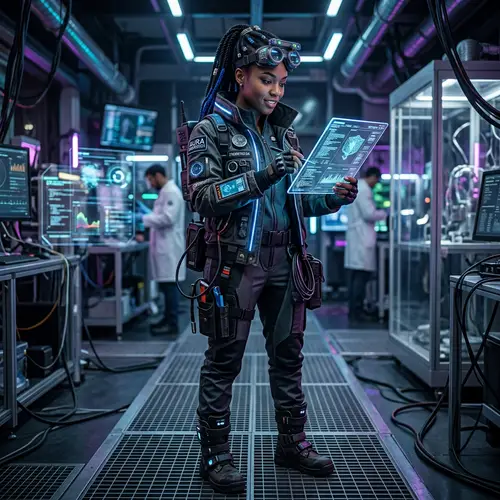Futuristic African Descent Scientist in Cyberpunk Attire