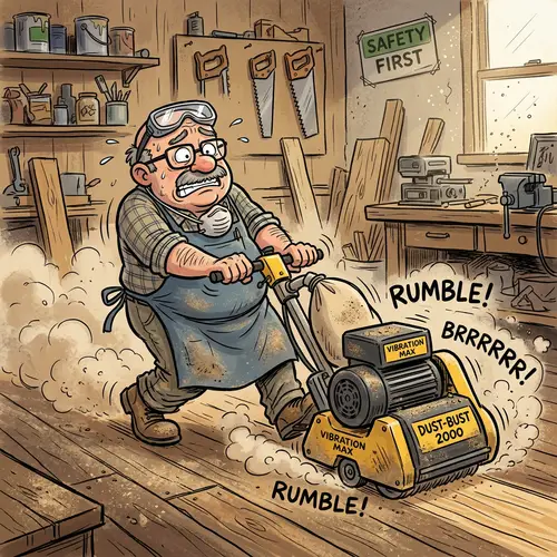 Comical Cartoon Character with Floor Sander