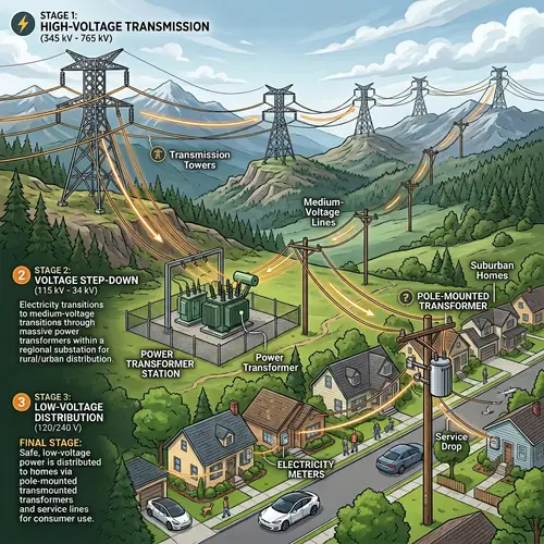 Electricity Distribution Process - High-Voltage to Low Voltage Transmission