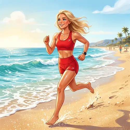 Fitness-Oriented Woman Training on Beach in Red Sportswear