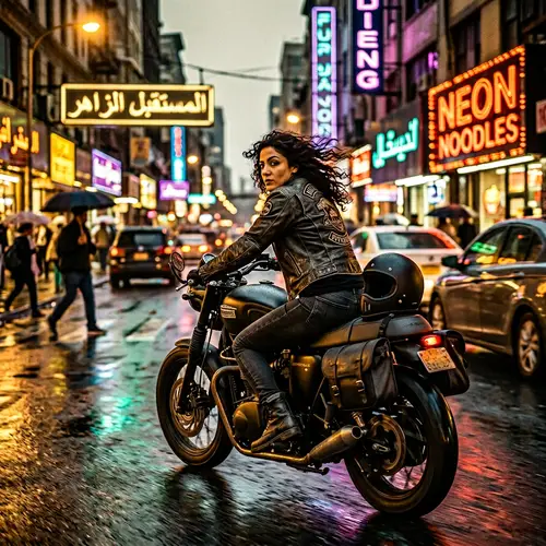 Fierce Middle-Eastern Woman Motorcycle Adventure in City