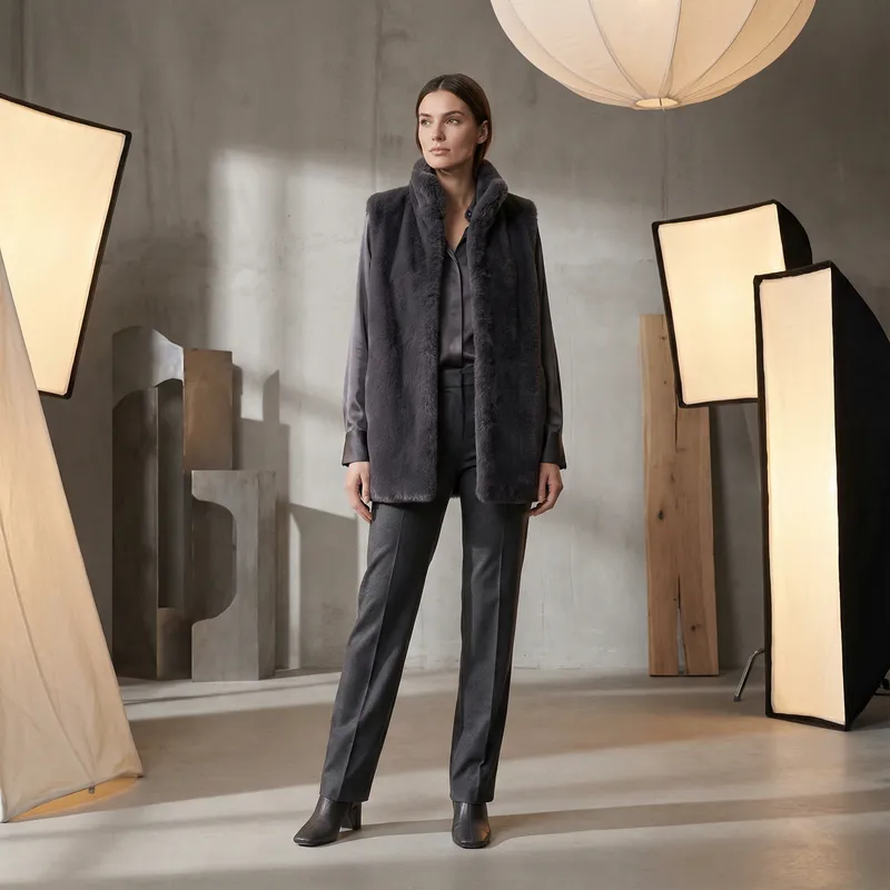 Sophisticated Woman in Luxurious Faux Fur Vest | Studio Portrait