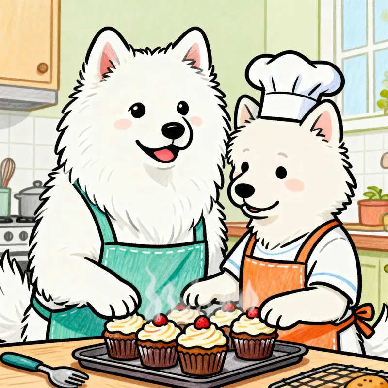 Playful Samoyed Dogs Baking Fun Cupcakes
