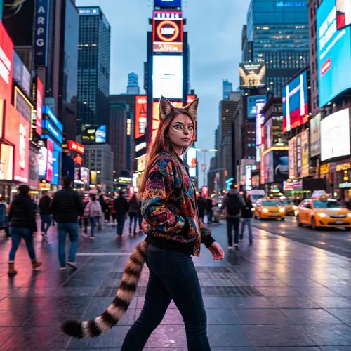 Feline-Human Hybrid in Urban Setting - Vibrant City Life