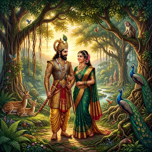 Epic Mythology Scene: South Asian Man and Woman in Royal Attire under Ancient Trees