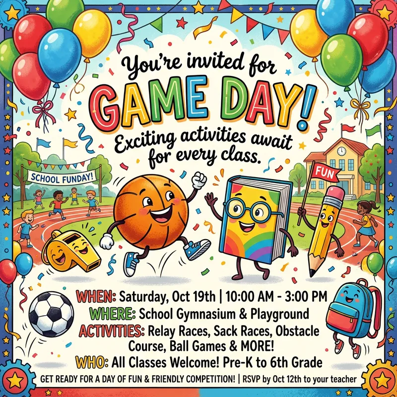 Games Invitation Card for School Classes | Fun Game Day Games Invitation Card for School Classes | Fun Game Day