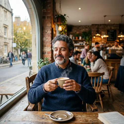 Tranquil Cafe Scene: Middle-Aged Hispanic Man with Coffee