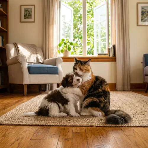Fluffy Calico Cat and Cute Brown White Puppy Embrace