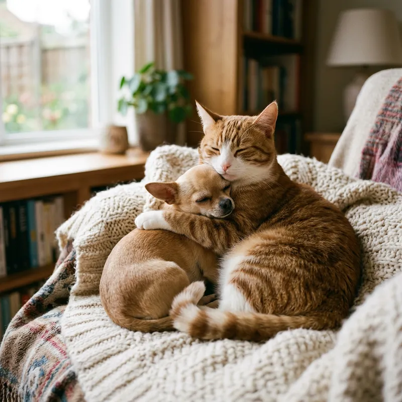 Cat and Dog Cuddle: Adorable Friendship Moment