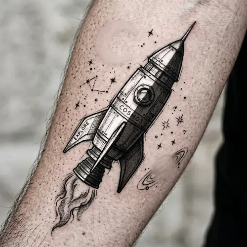 Hand-Drawn Rocket Tattoo Design with Minimalistic Elements