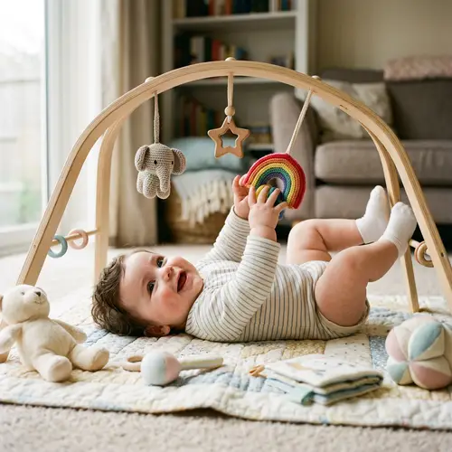 Cheerful Caucasian Baby Playing on Soft Blanket with Toys